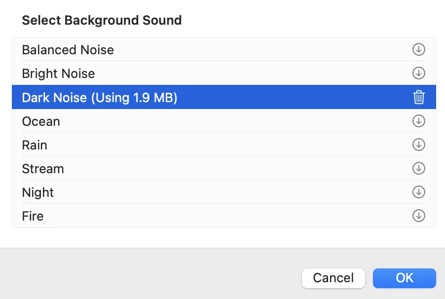 macOS Background Sounds panel showing available sound categories and download options